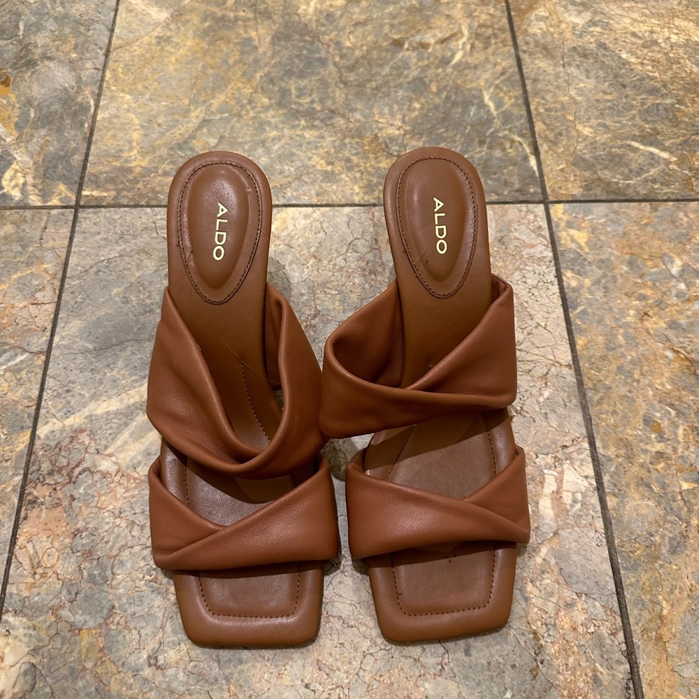 Aldo Brown Leather Mules Square Toe Slip-On